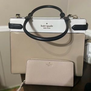 Taupe & white Kate Spade purse & wallet.